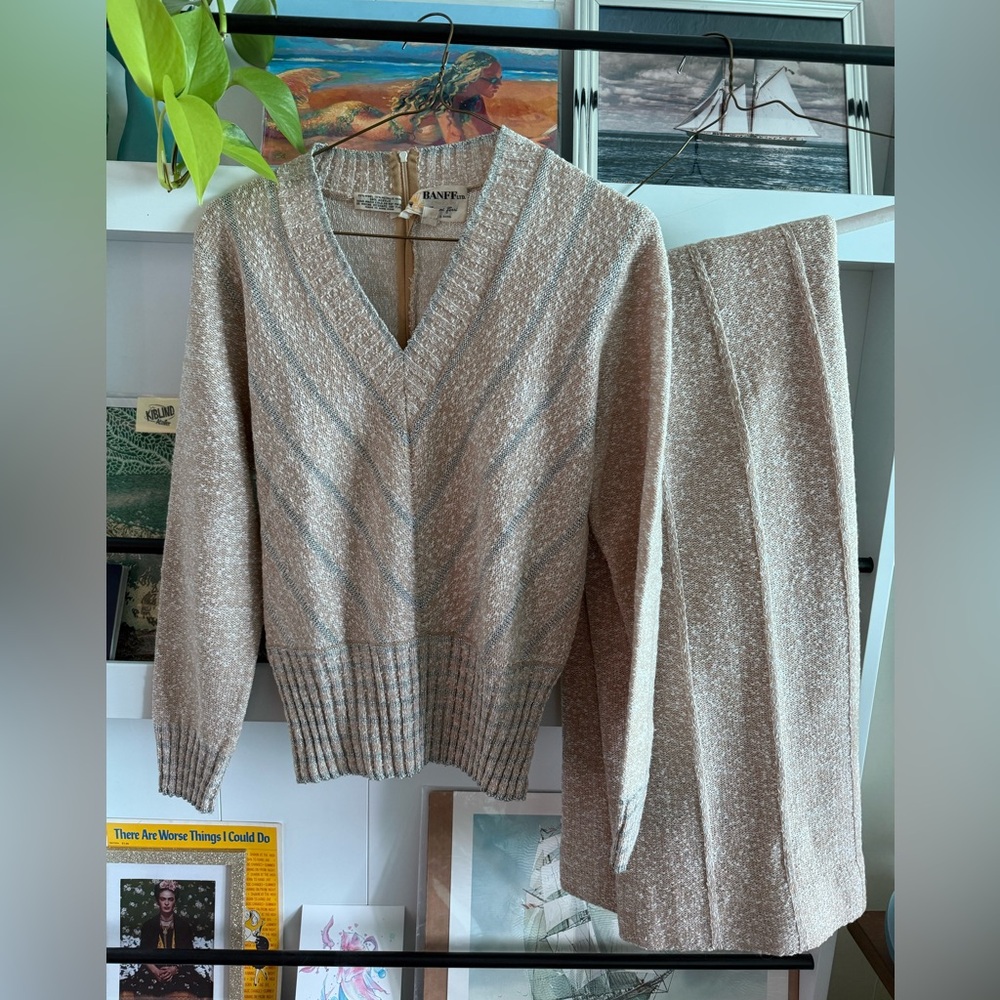 Vintage Women's Beige and Silver V-Neck Sweater with matching skirt Banff ltd.